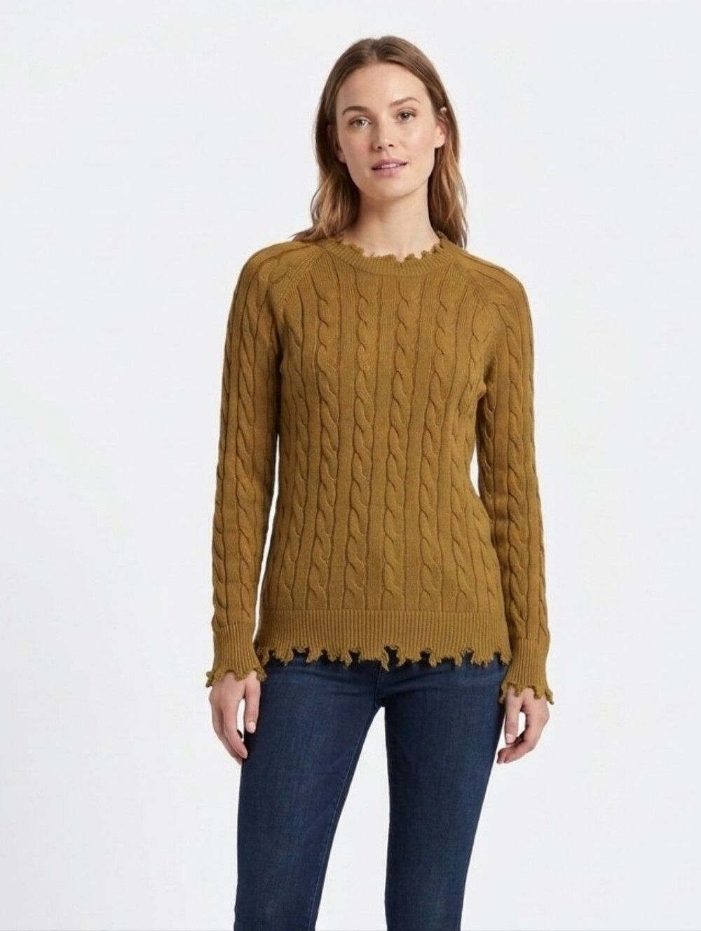 EverEve Mustard Gold Distressed Fringe Cable Knit Sweater S 100% Cotton